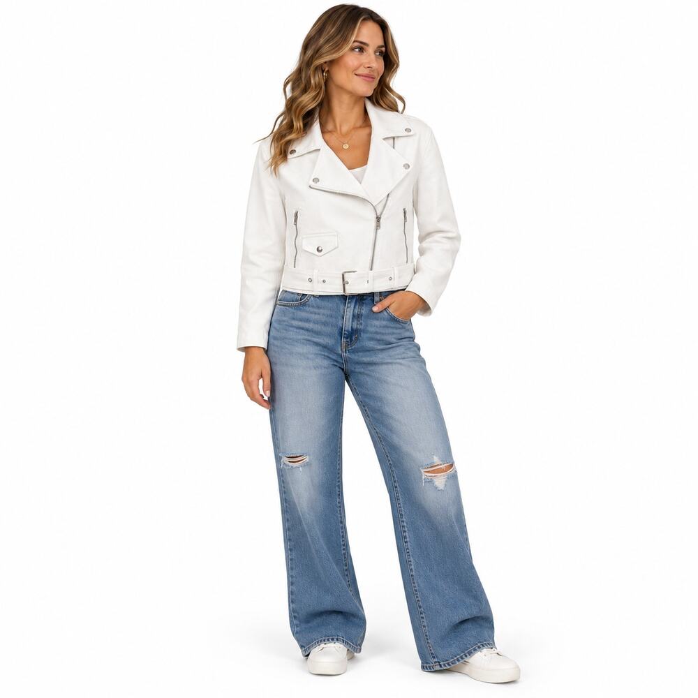 Juicy Couture Women’s Denim Moto Jacket Size Small White Belted Biker Fall Y2K